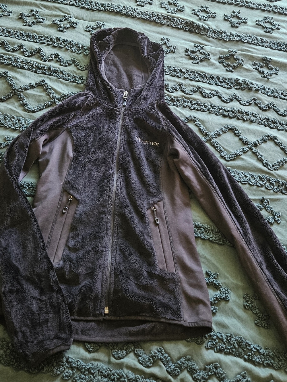 Marmot Black Stretchy Hooded Fleece Jacket